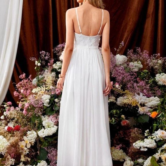 Applique Leaf Embroidery Mesh Insert Split Thigh Chiffon Wedding Dress white - Picture 2 of 7